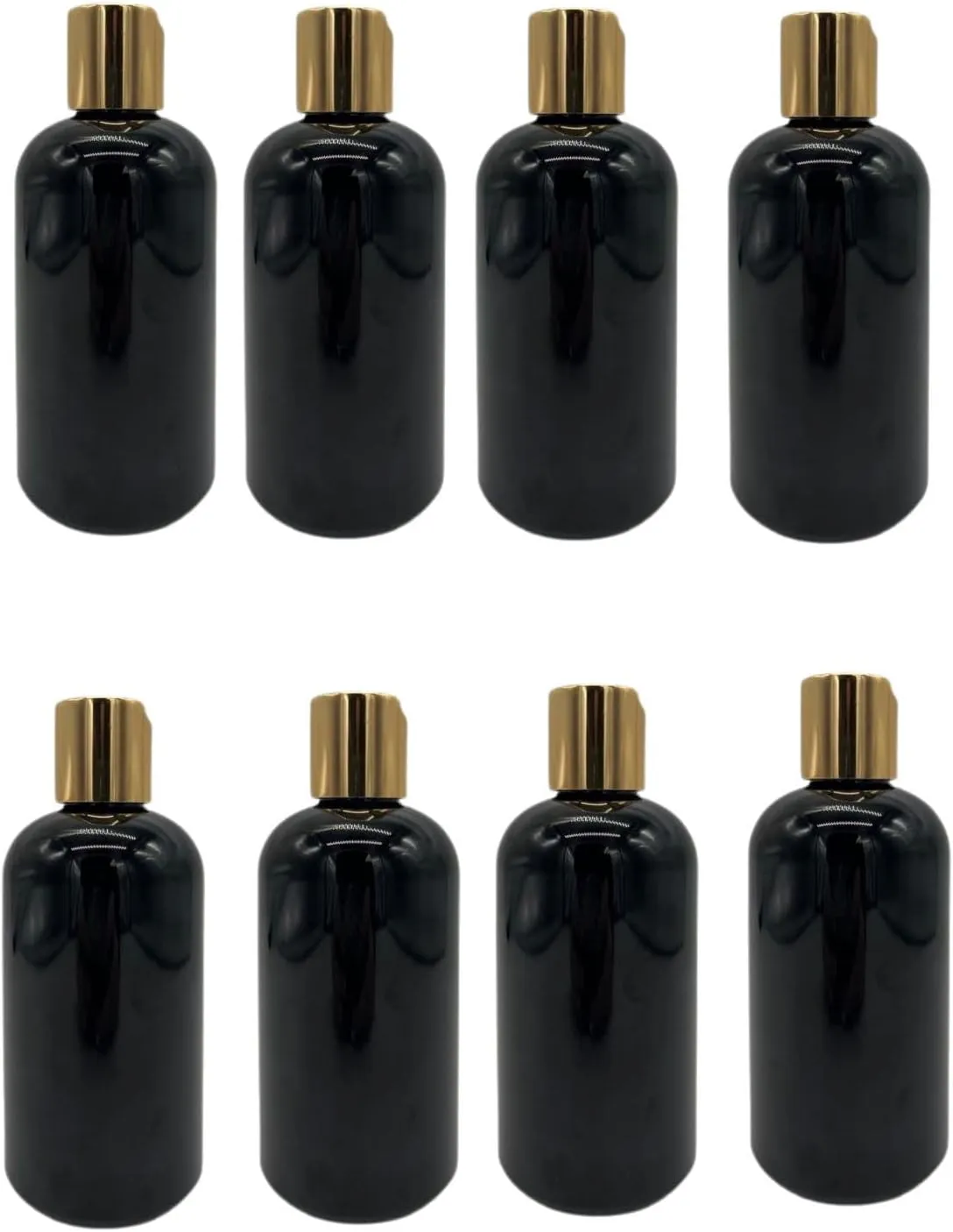 Natural Farms 8 oz Plastic Black Boston BPA FREE Bottles - 8 Pack Empty Refillable Containers - Essential Oils Cleaning Products - Aromatherapy - Gold Disc Cap - Made in the USA