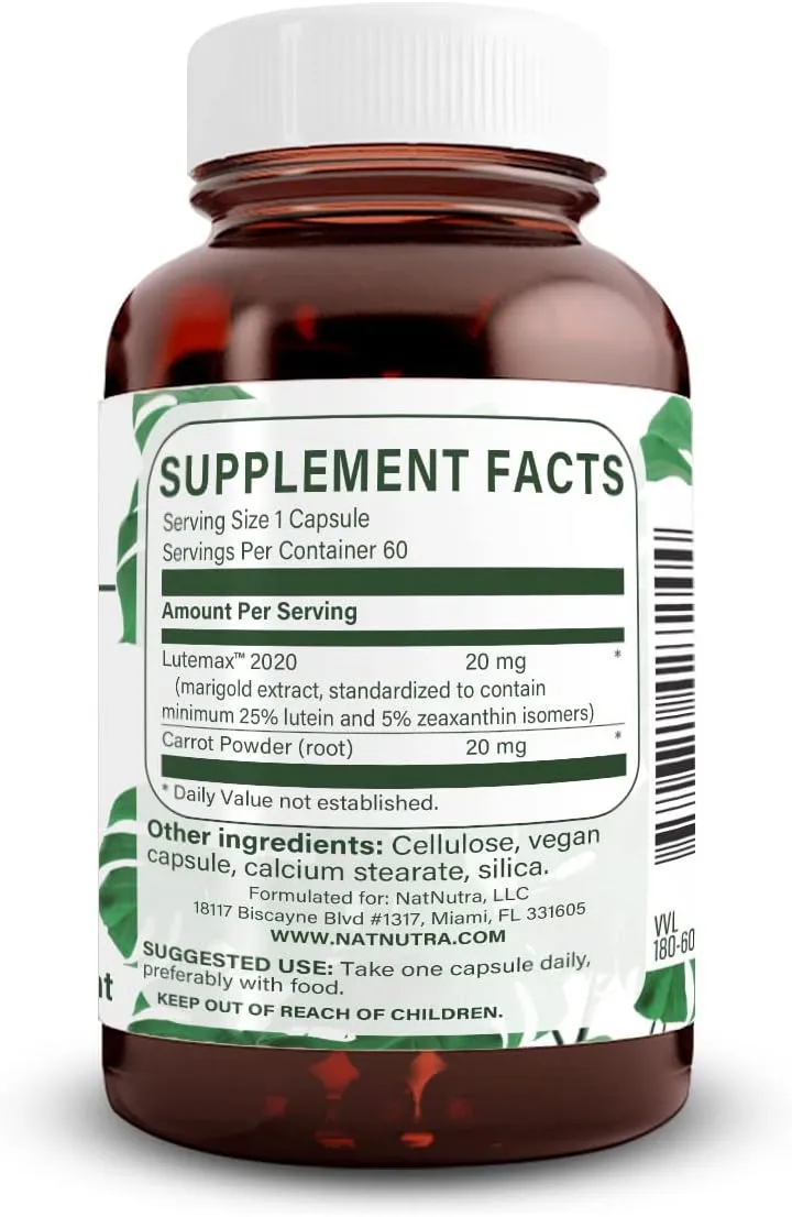 Natural Nutra Lutein and Zeaxanthin Supplement, Helps to Maintain Vision Health & Eye Health, Protects Cell in Eyes, Gluten Free, Enhanced Level of Zeaxanthin & Isomers, Soy Free, 20mg - 60 Capsules