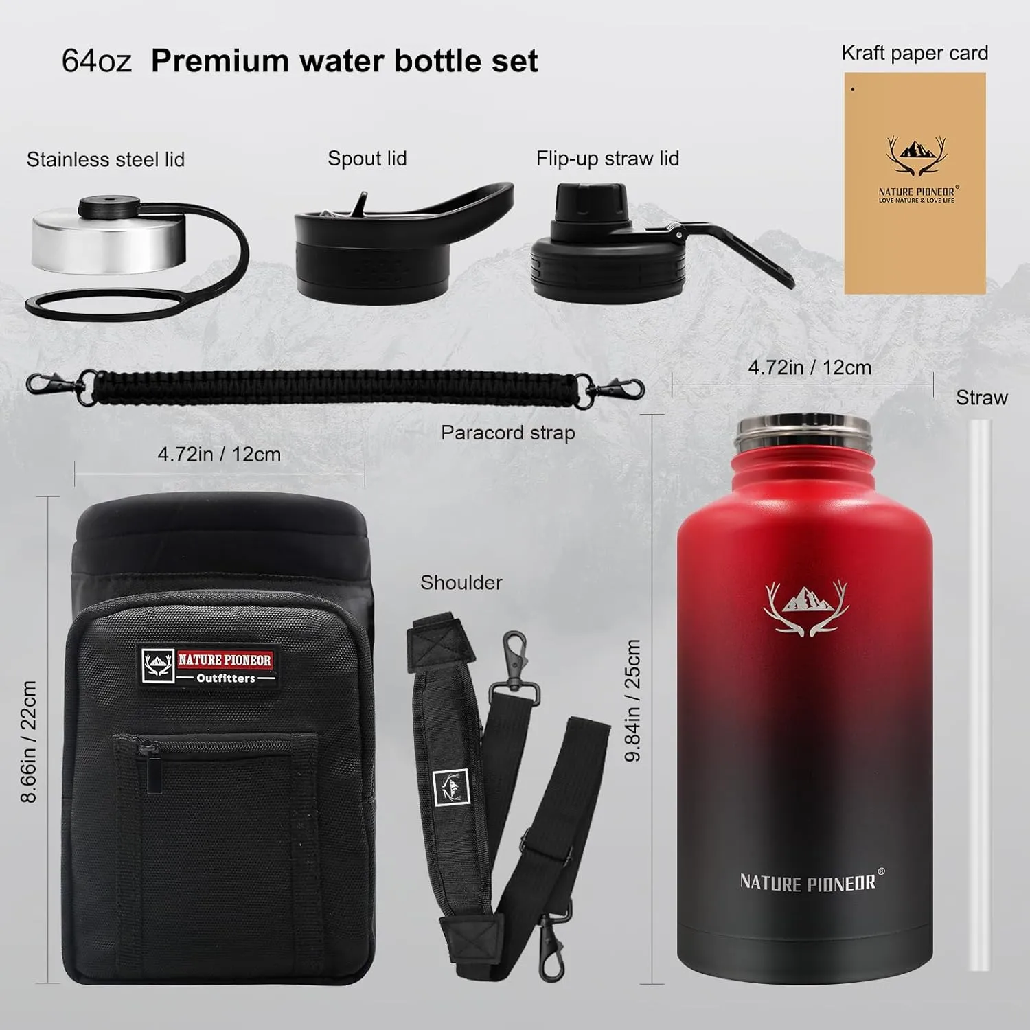 NATURE PIONEOR Insulated Water Bottles with Straw - 64oz Stainless Steel Vacuum Bottle with Holder/Carrier/Sleeve - Reusable 18/8 Food Grade Thermos Water Jug