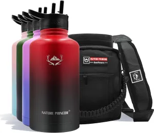 NATURE PIONEOR Insulated Water Bottles with Straw - 64oz Stainless Steel Vacuum Bottle with Holder/Carrier/Sleeve - Reusable 18/8 Food Grade Thermos Water Jug