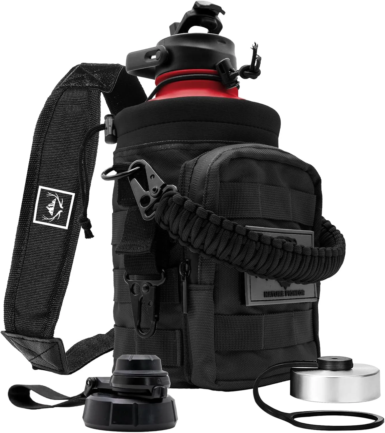 NATURE PIONEOR Tactical Water Bottle with Carrying Molle Sleeve, Stainless Steel 18/8 Food Grade Half Gallon Jug