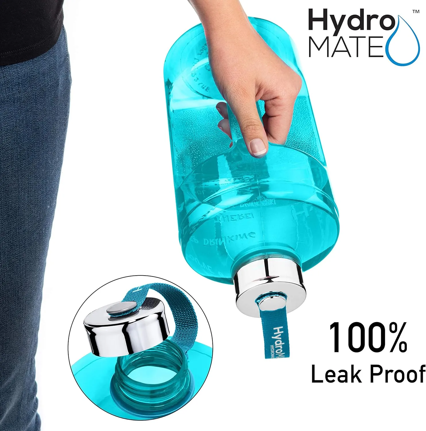 NatureWorks HydroMATE 1/2 Gallon Water Bottle with Times to Drink BPA Free Leak Proof Reusable Jug with Handle 64 oz (Light Blue)