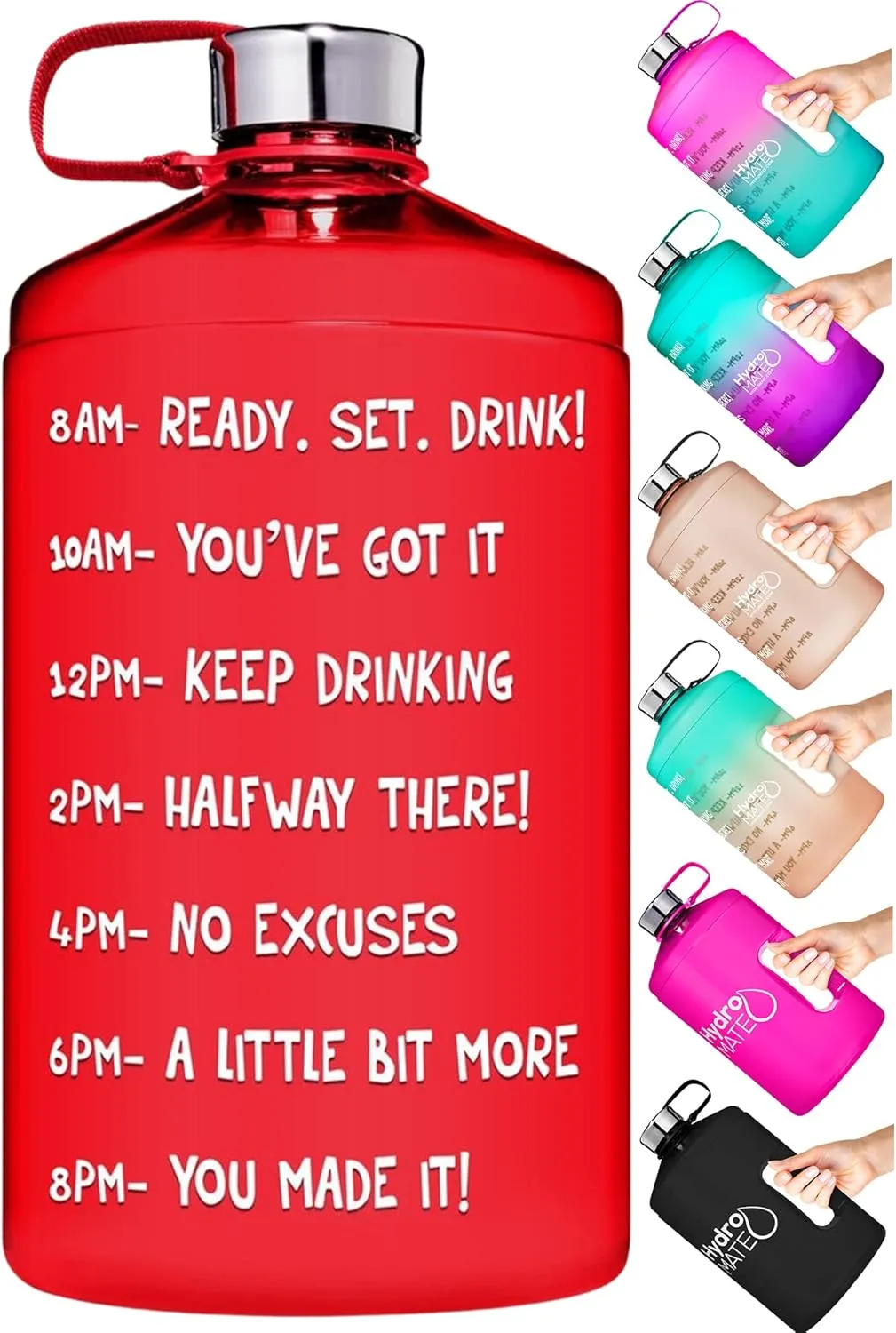 NatureWorks HydroMATE 1/2 Gallon Water Bottle with Times to Drink BPA Free Leak Proof Reusable Jug with Handle 64 oz (Red)