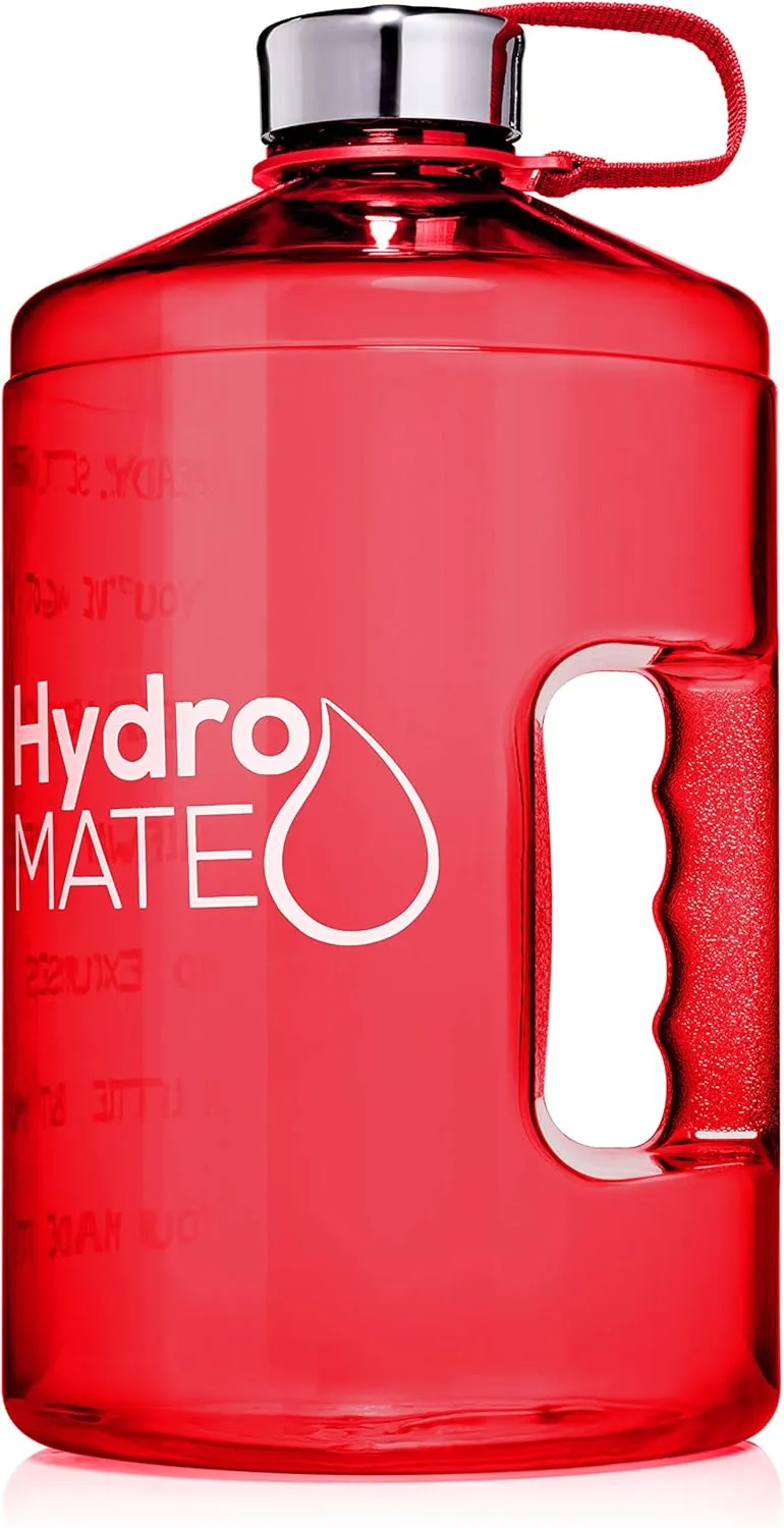 NatureWorks HydroMATE 1/2 Gallon Water Bottle with Times to Drink BPA Free Leak Proof Reusable Jug with Handle 64 oz (Red)