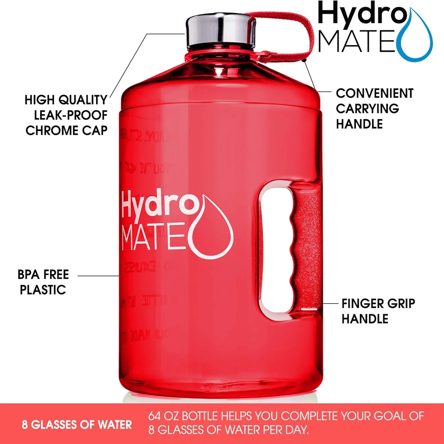 NatureWorks HydroMATE 1/2 Gallon Water Bottle with Times to Drink BPA Free Leak Proof Reusable Jug with Handle 64 oz (Red)