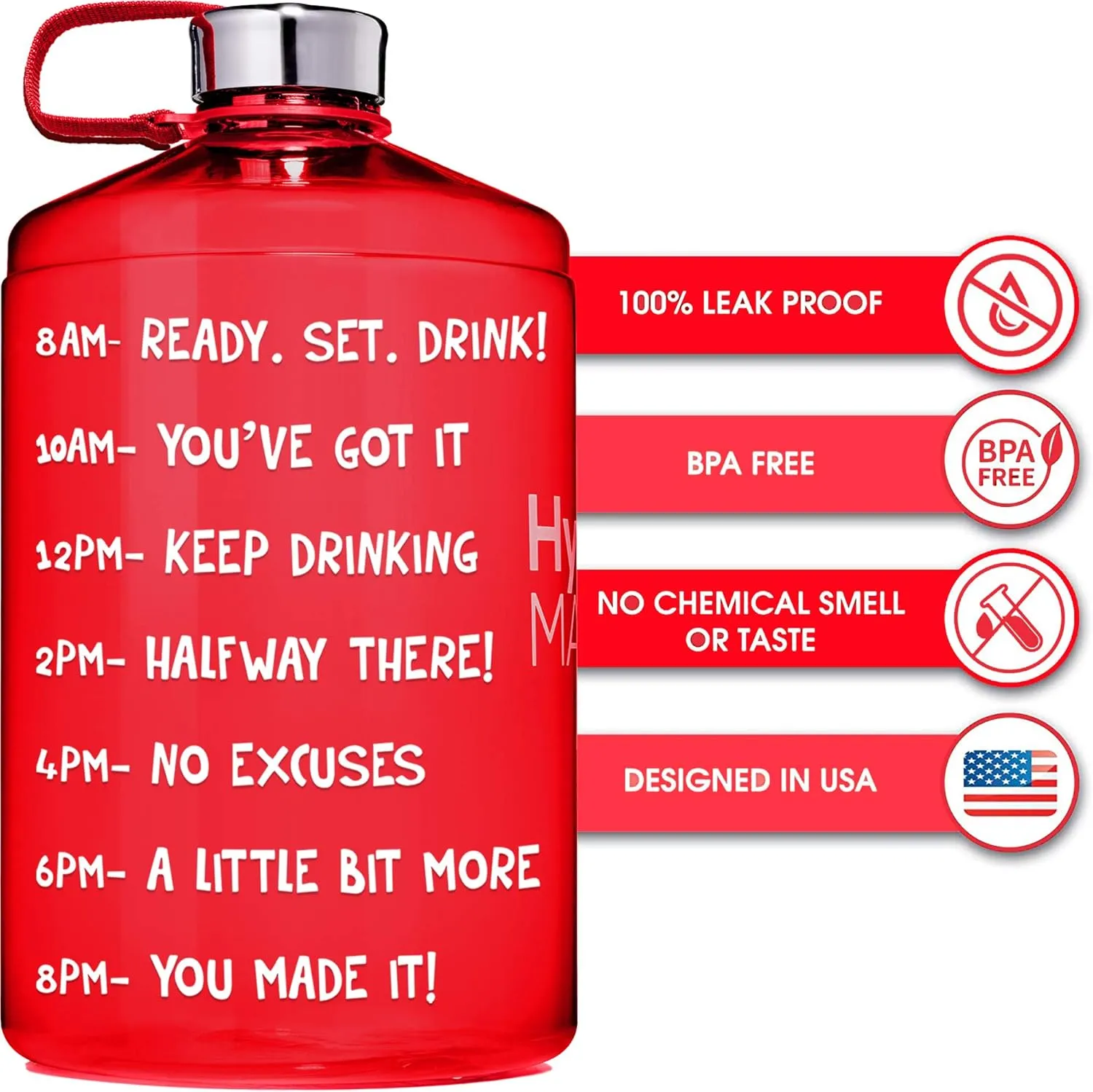 NatureWorks HydroMATE 1/2 Gallon Water Bottle with Times to Drink BPA Free Leak Proof Reusable Jug with Handle 64 oz (Red)