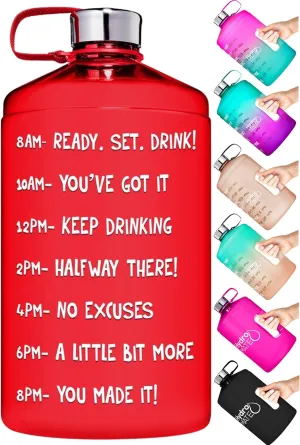 NatureWorks HydroMATE 1/2 Gallon Water Bottle with Times to Drink BPA Free Leak Proof Reusable Jug with Handle 64 oz (Red)