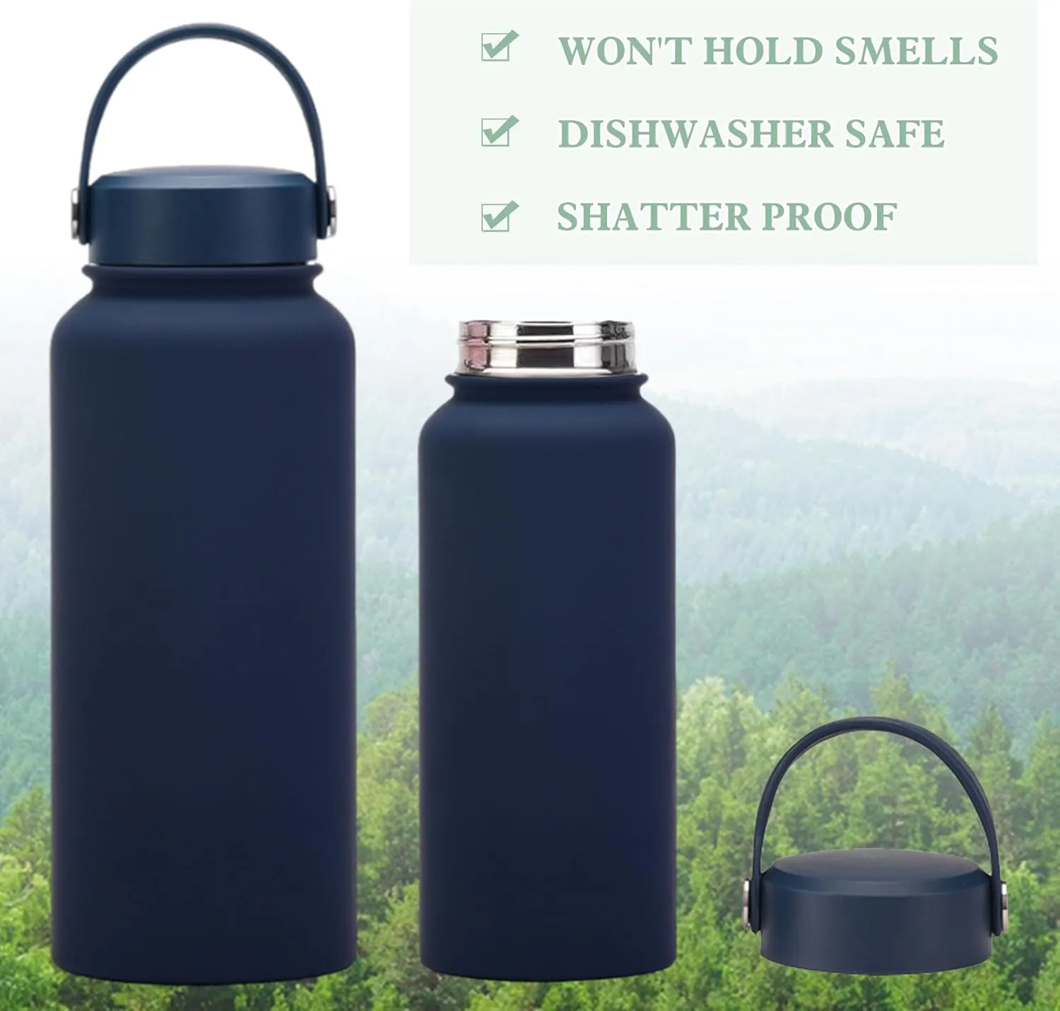 Navy 32 OZ Insulated Water Bottle, Large Insulated Stainless Steel Water Flask, Big Sports Travel Water Bottle with 2 Lids, Insulated Thermal Mug Cup