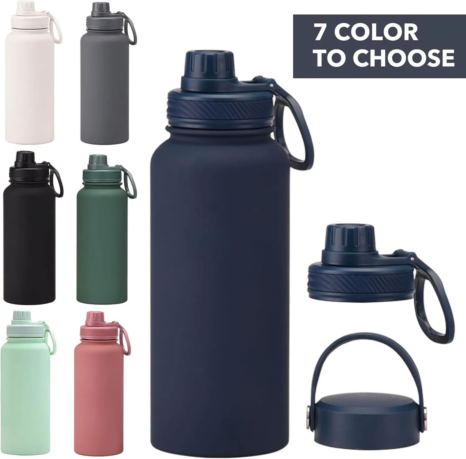 Navy 32 OZ Insulated Water Bottle, Large Insulated Stainless Steel Water Flask, Big Sports Travel Water Bottle with 2 Lids, Insulated Thermal Mug Cup