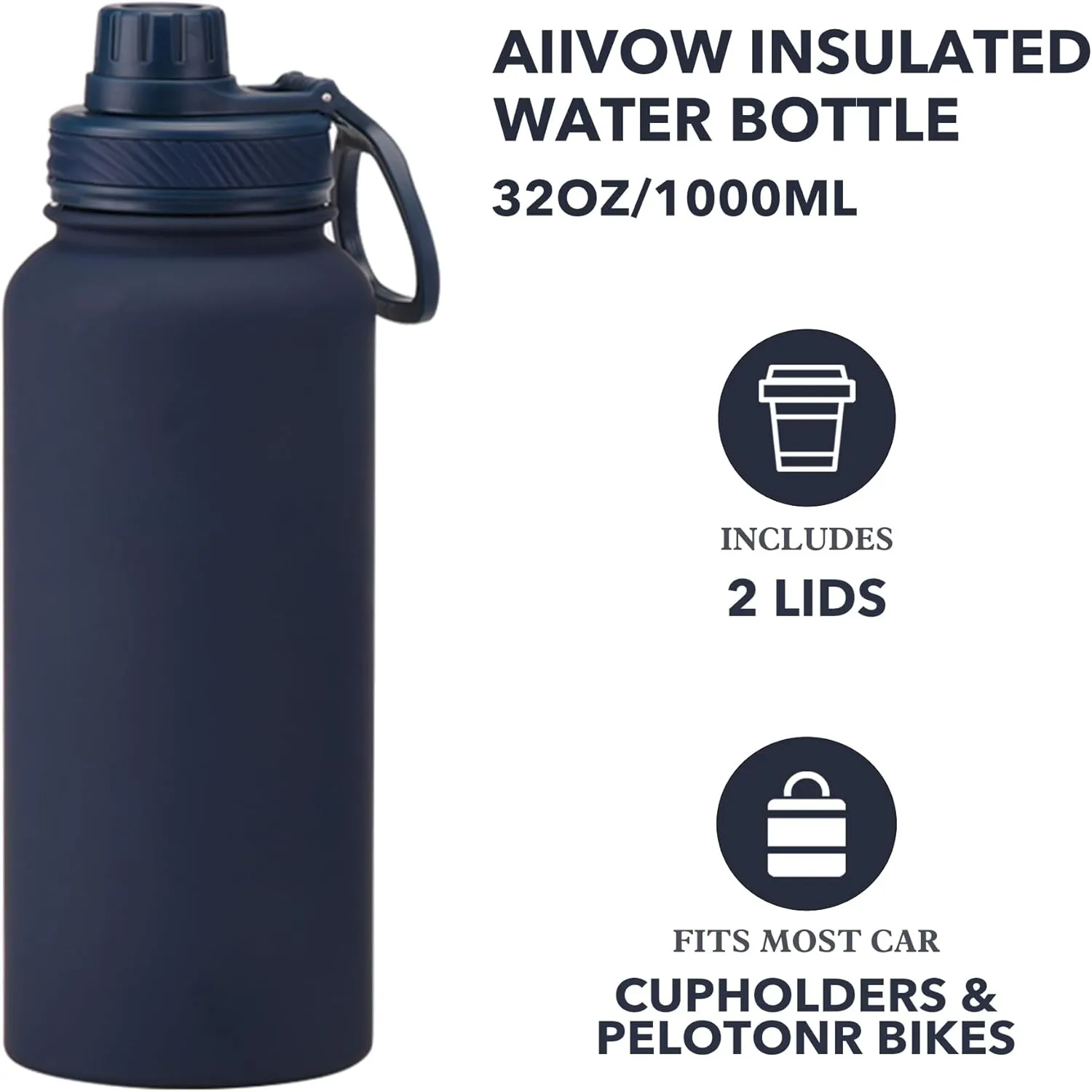 Navy 32 OZ Insulated Water Bottle, Large Insulated Stainless Steel Water Flask, Big Sports Travel Water Bottle with 2 Lids, Insulated Thermal Mug Cup