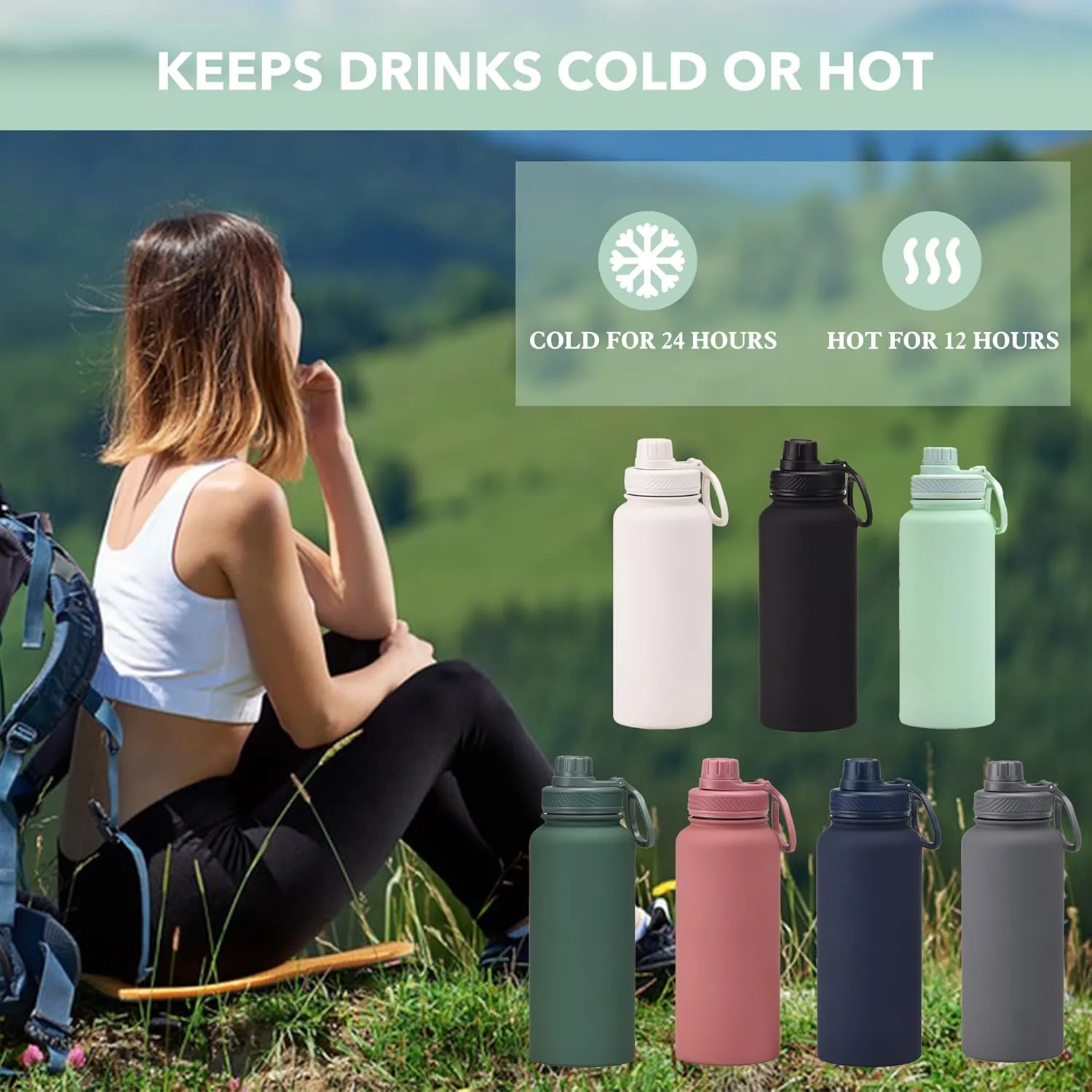 Navy 32 OZ Insulated Water Bottle, Large Insulated Stainless Steel Water Flask, Big Sports Travel Water Bottle with 2 Lids, Insulated Thermal Mug Cup