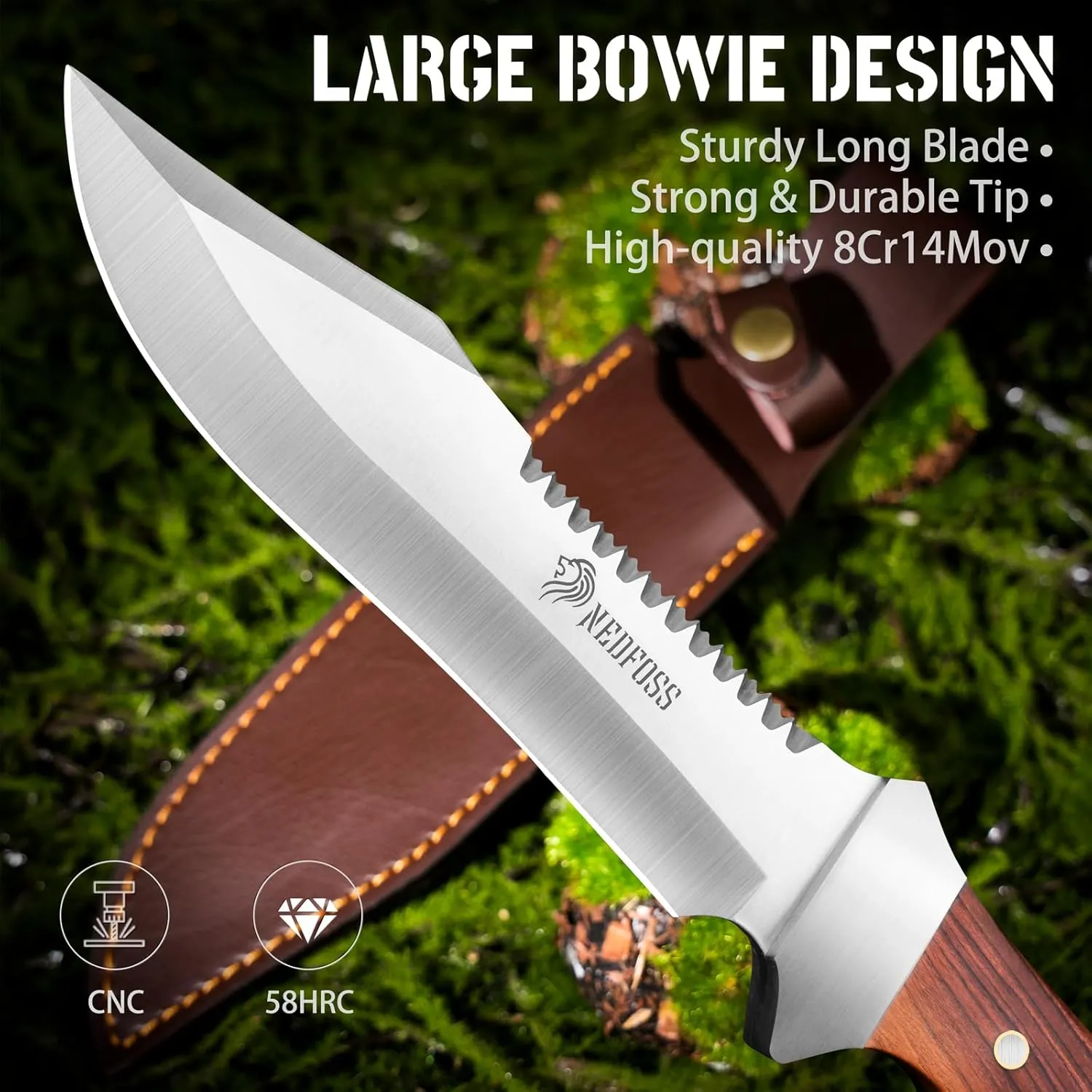 NedFoss 13" Survival Knife with Sheath, 7" Large Blade Camping Knives with Rosewood Handle, Full Tang Bowie Fixed Blade Hunting Knife, Outdoor Bushcraft Gifts for Men Women