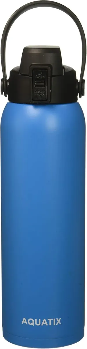 New Aquatix (Blue, 32 Ounce) Pure Stainless Steel Double Wall Vacuum Insulated Sports Water Bottle Convenient Flip Top Cap with Removable Strap Handle - Keeps Drink Cold 24 hr/Hot 6 hr