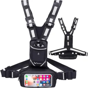 New Reflective Workout and Running Chest Pack Vest with 12 oz Water Bottle and Tilt-Up Touchscreen Phone Pocket for iPhone and Android – 360° High-Viz Night Gear for Working, Walking, Hiking, Cycling