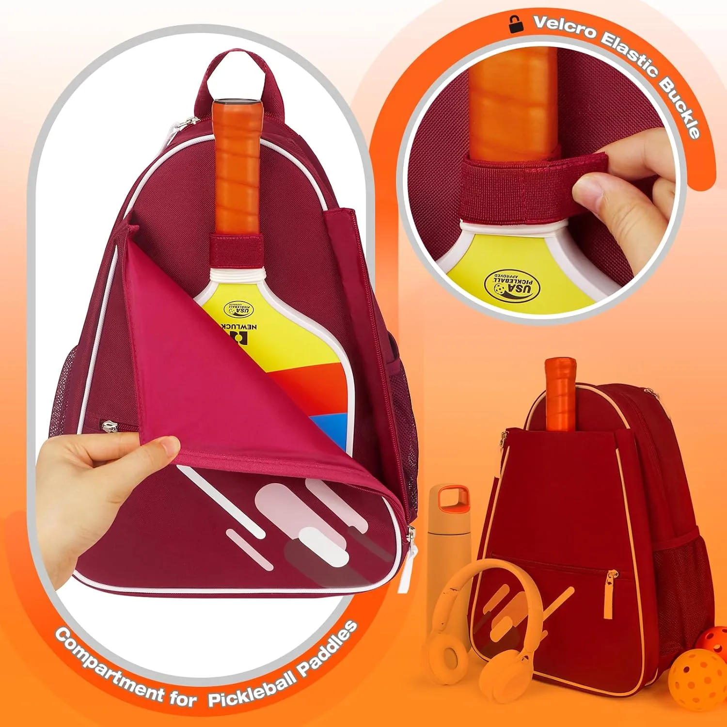 Newluck Pickleball Bag Duffle Crossbody Sling Pickle Ball Accessories Gift for Women Men Boy girl with Fence Hook Large Capacity The Shoulder Straps Are Adjustable Fashionable Versatile Red