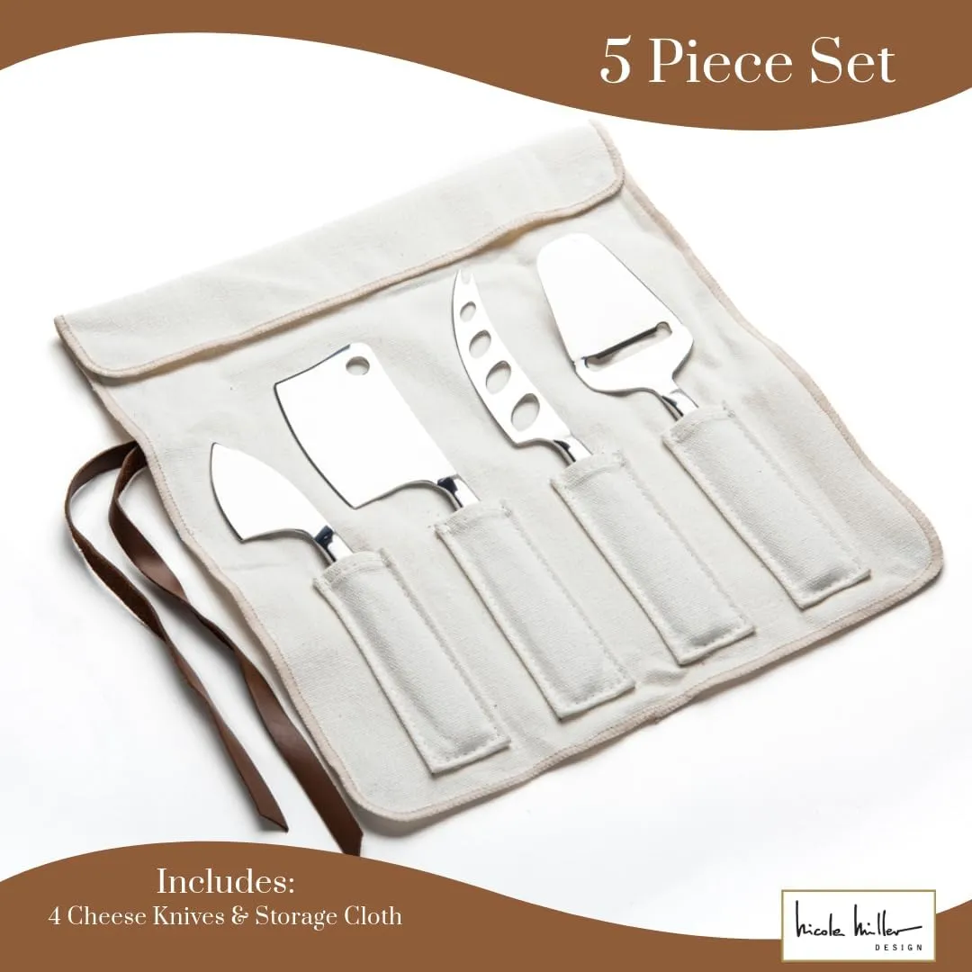 Nicole Miller Cheese Knife Set - 4-Piece Cheese Knife Set with Canvas Pouch