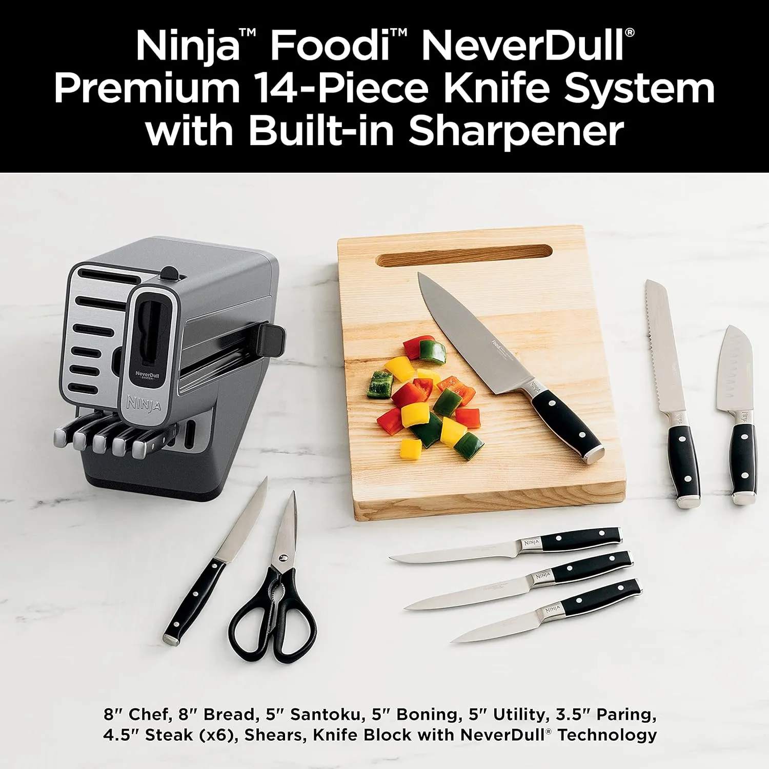 Ninja Knife Set, Knife Sharpener, Knife Block Set, Stainless Steel Knives, 14 Piece Set, Steak Knives, Chef Knives and More, Foodi NeverDull, Black, K32014​