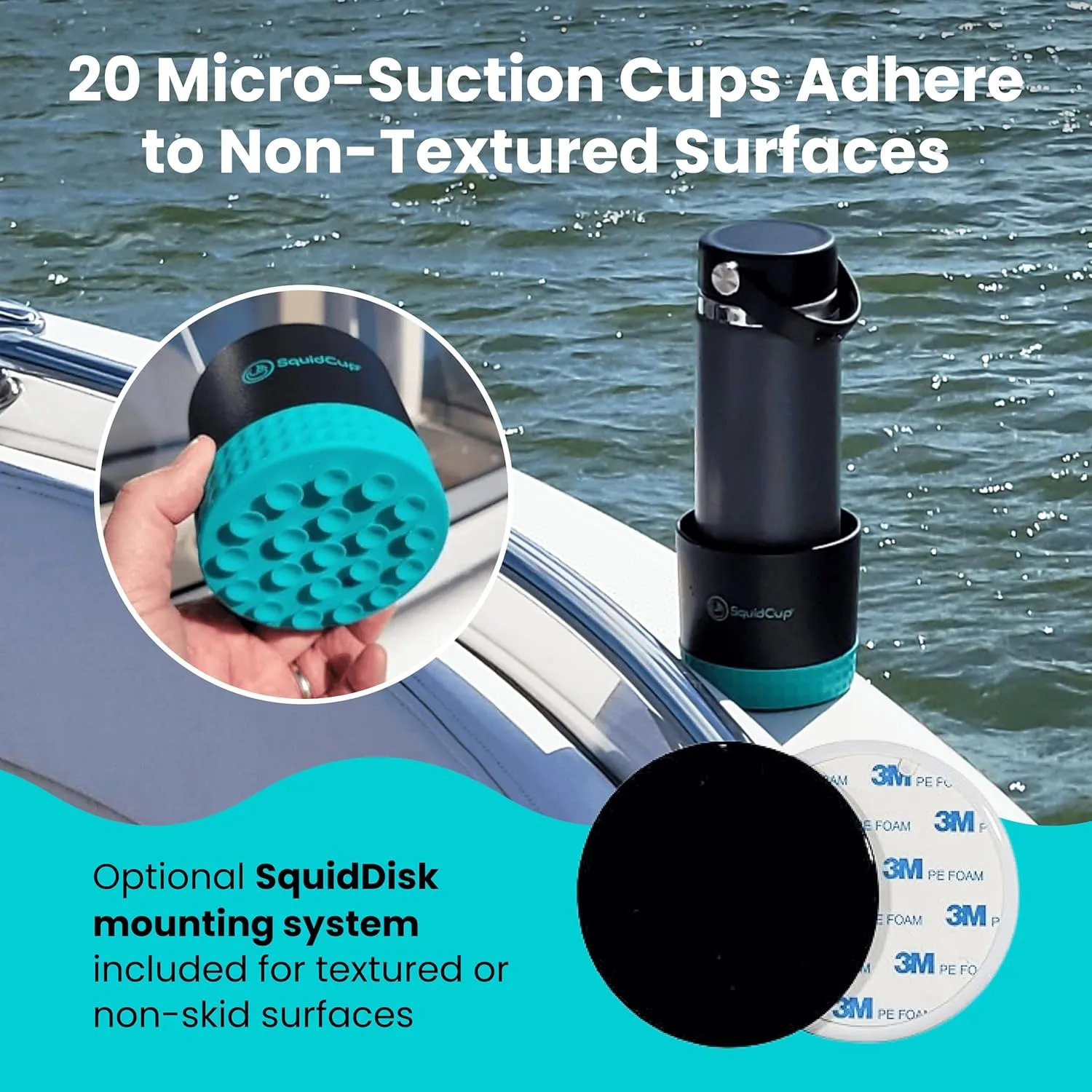 Non-Tipping, Anti-Spill Cup Holder for Boats, Kayaks, SUPs, RVs, Fishing & Camping | Universal 12–30 oz Fit | BPA-Free, Optional SquidDisk Mount Included for Textured Surfaces (Black/Teal)