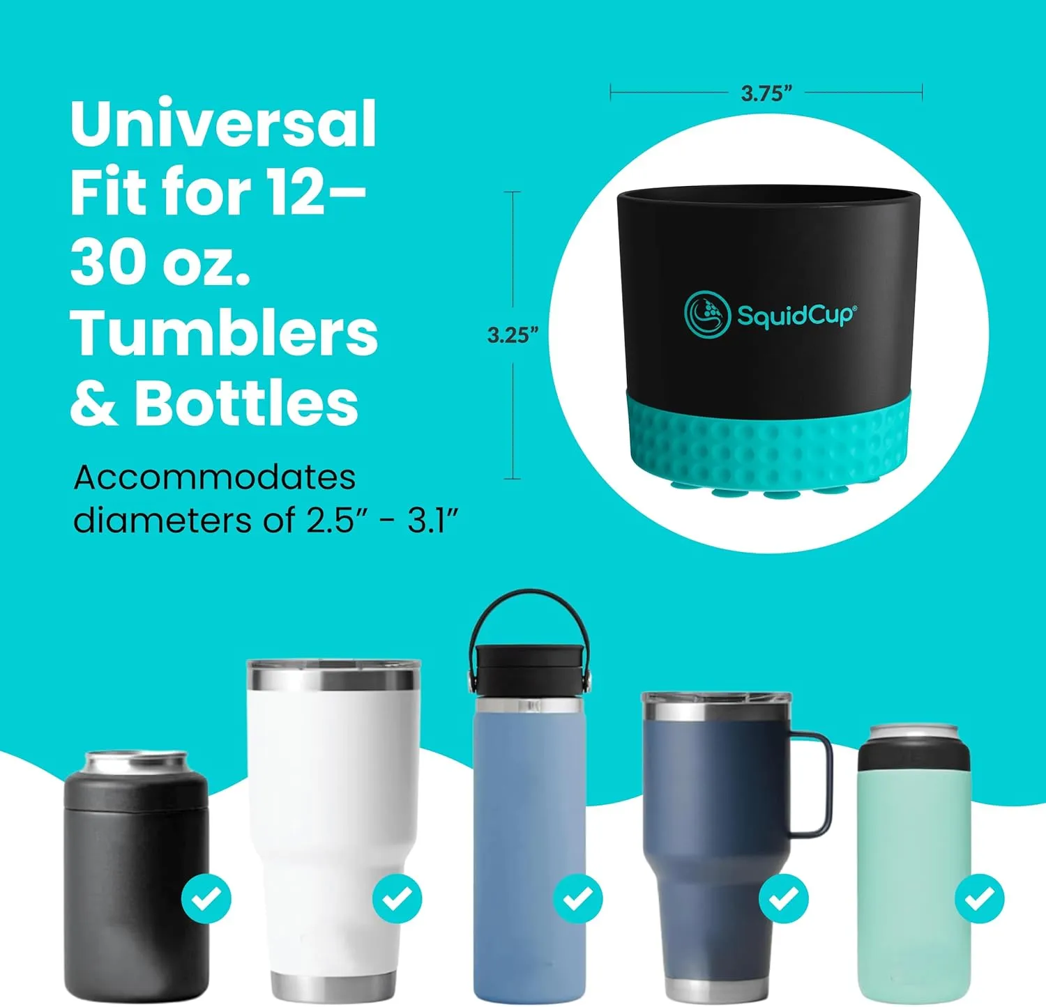 Non-Tipping, Anti-Spill Cup Holder for Boats, Kayaks, SUPs, RVs, Fishing & Camping | Universal 12–30 oz Fit | BPA-Free, Optional SquidDisk Mount Included for Textured Surfaces (Black/Teal)