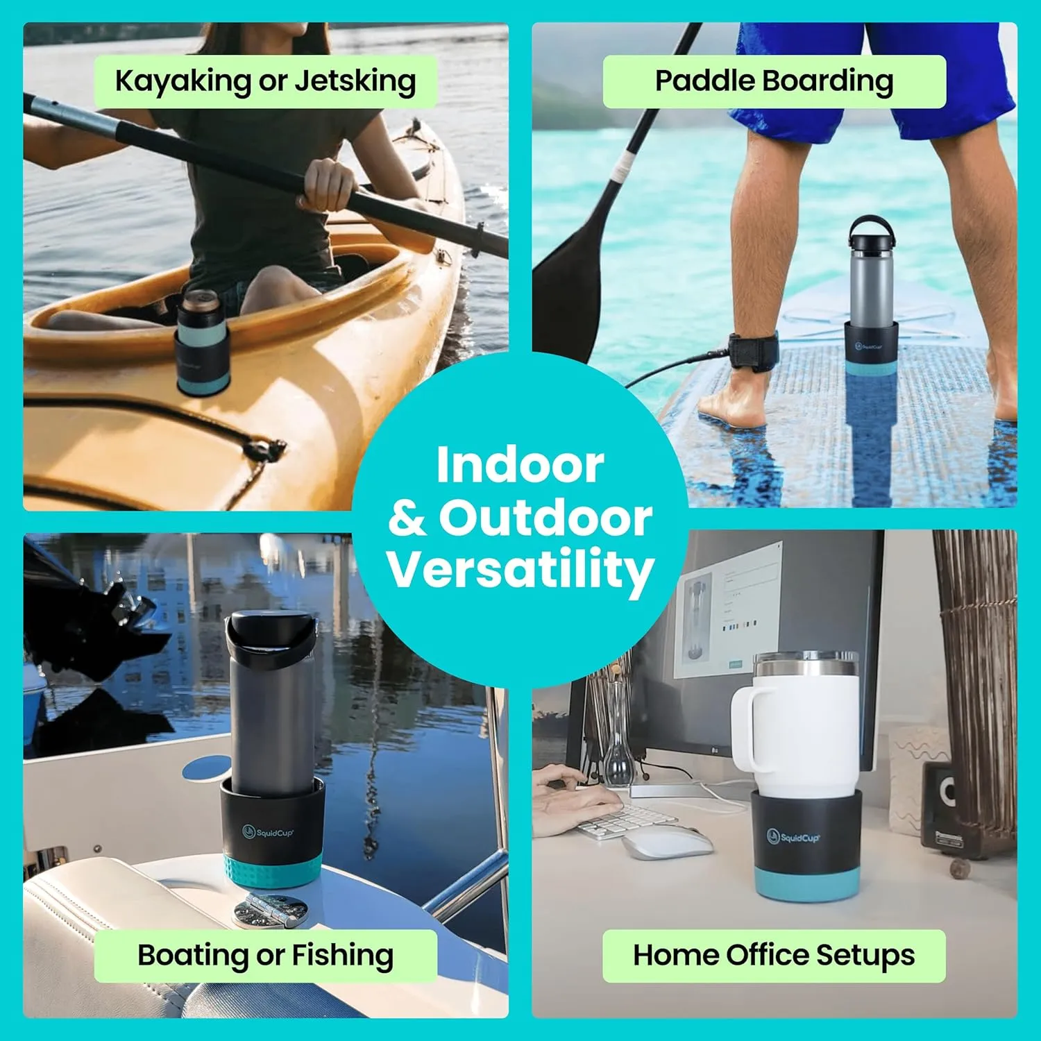 Non-Tipping, Anti-Spill Cup Holder for Boats, Kayaks, SUPs, RVs, Fishing & Camping | Universal 12–30 oz Fit | BPA-Free, Optional SquidDisk Mount Included for Textured Surfaces (Black/Teal)