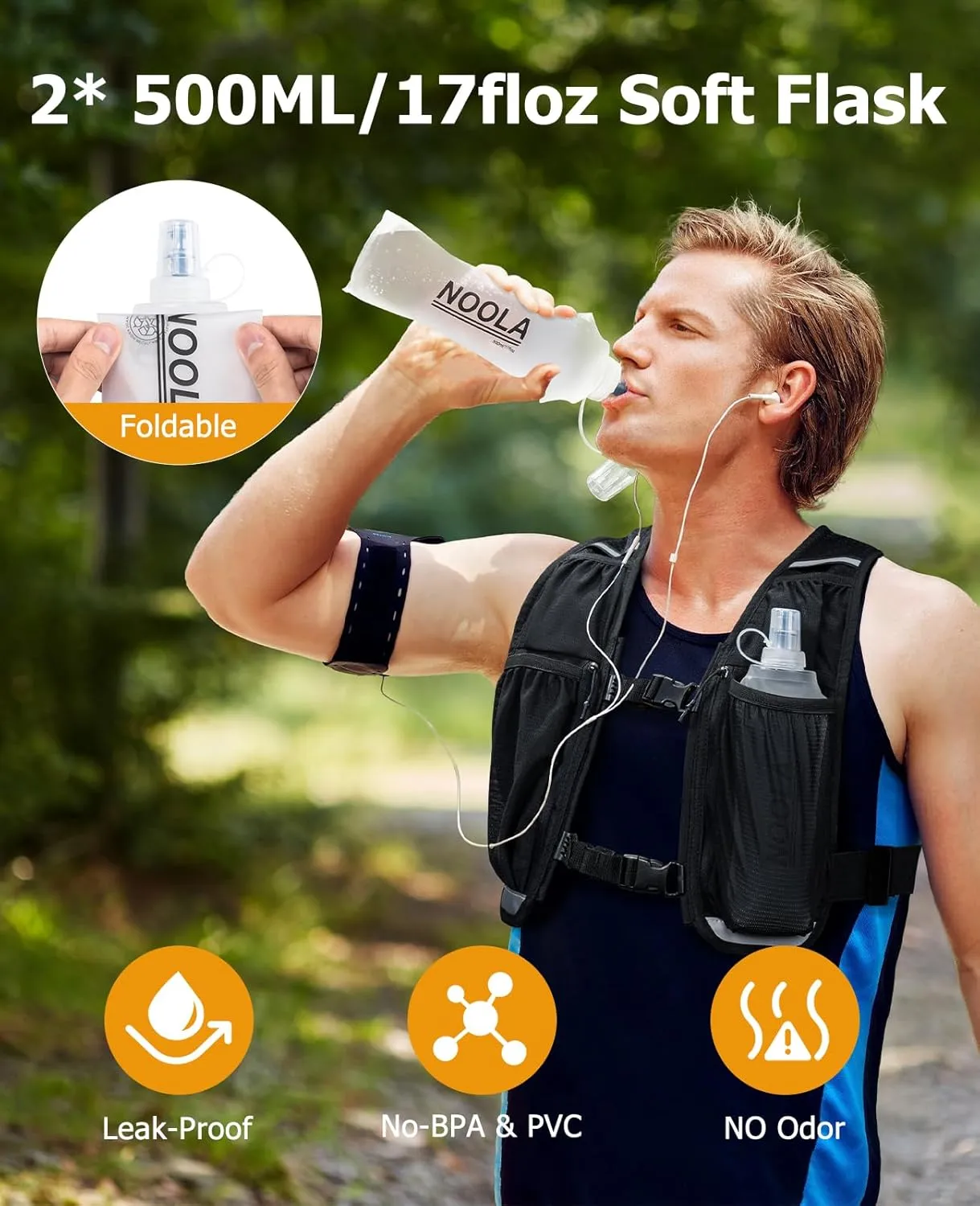 NOOLA Running Vest with Dual 500ml Soft Flask, Lightweight Hydration Vest for Women Men, Water Backpack with Adjustable Strap