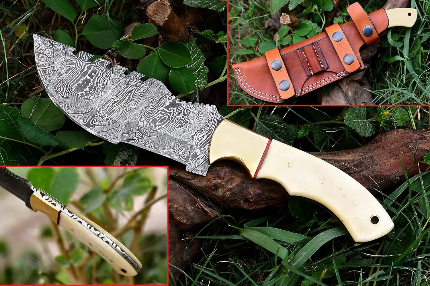 Nooraki - 11-inch | Fire Pattern Custom Handmade Damascus Tracker Knife with Camel Bone Handle Hunting knife, Camping knife, Bushcraft Knife, Survival Knife, Full Tang With Sheath #333