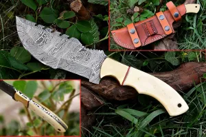 Nooraki - 11-inch | Fire Pattern Custom Handmade Damascus Tracker Knife with Camel Bone Handle Hunting knife, Camping knife, Bushcraft Knife, Survival Knife, Full Tang With Sheath #333