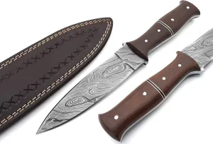 Nooraki DK-339 Handmade Damascus Steel Fixed Blade Knife with Leather Sheath, Full Tang Multipurpose Knife with Brown Micarta Handle for Hunting, Hiking, Camping, Survival