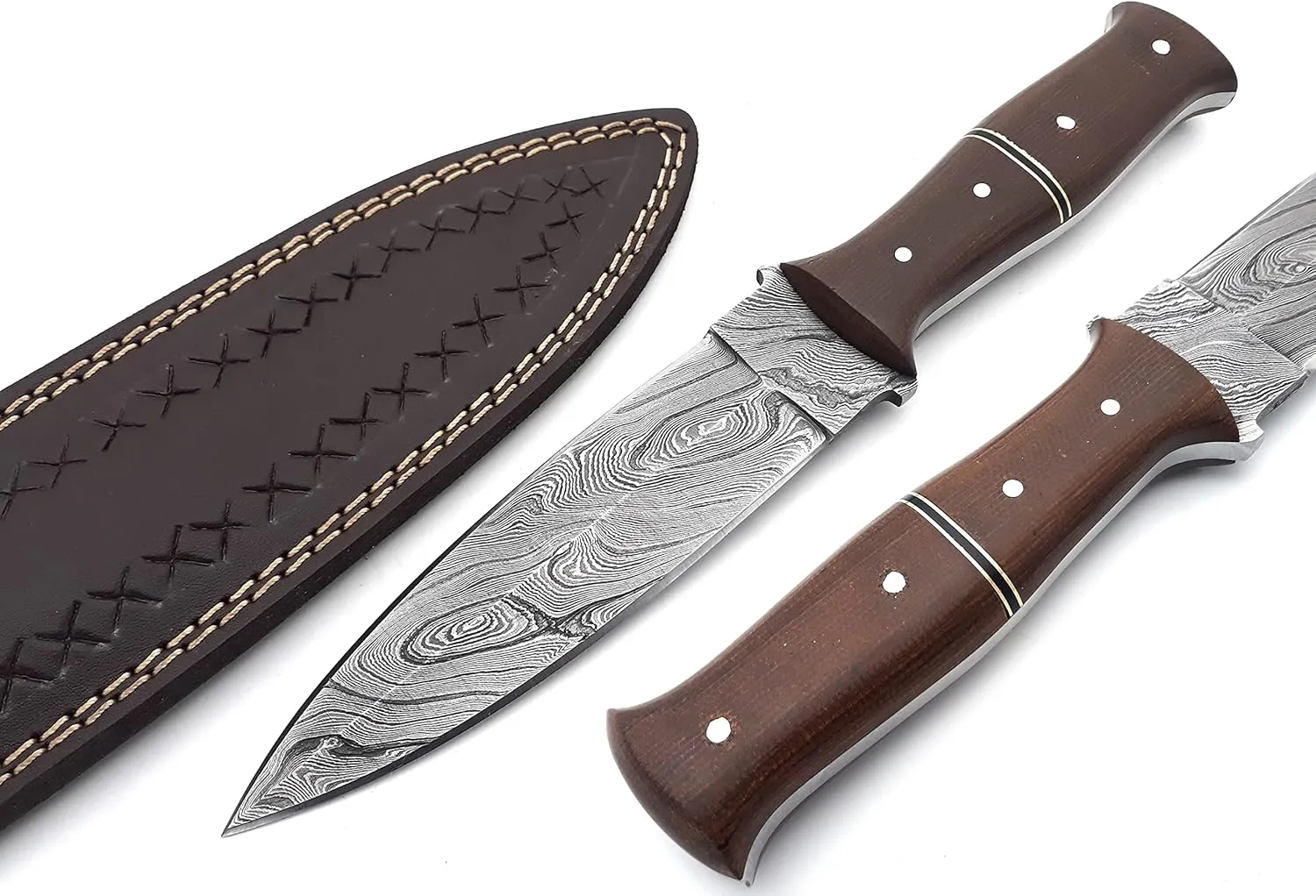 Nooraki DK-339 Handmade Damascus Steel Fixed Blade Knife with Leather Sheath, Full Tang Multipurpose Knife with Brown Micarta Handle for Hunting, Hiking, Camping, Survival