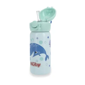 Nuby Thirsty Kids No Spill Flip-It Active Stainless Steel Travel Cup or Water Bottle - 14 Oz - 18  Months - Mint Whale
