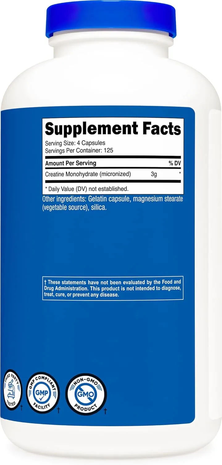 Nutricost Micronized Creatine Monohydrate 3,000mg 500 Capsules, 125 Servings, 750mg of Creatine Monohydrate Per Capsule