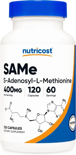 Nutricost SAM-e (S-Adenosyl-L-Methionine) 400mg Per Serving, 60 Servings, 200mg Per Capsule, 120 Capsules - Non-GMO, Gluten Free Same, Vegetarian
