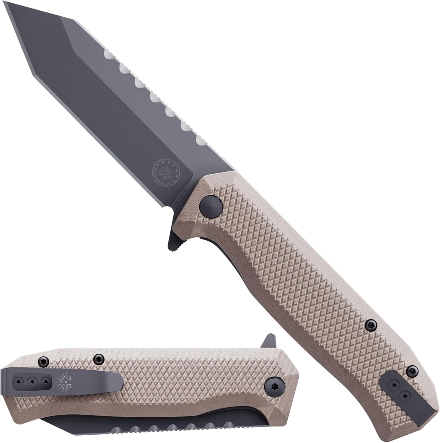 Off-Grid Knives - Viper V2 with154CM Steel Tanto Blade, Grippy G10 Scales, Left or Right Deep Carry Clip, Ceramic Ball Bearings (Coyote)