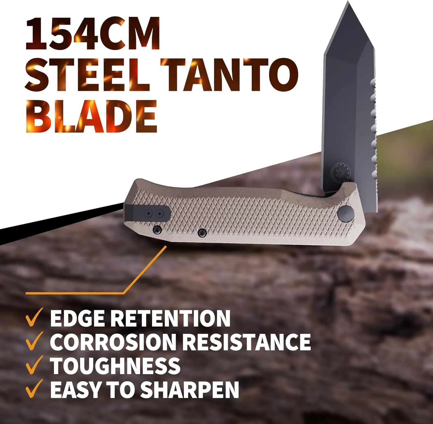 Off-Grid Knives - Viper V2 with154CM Steel Tanto Blade, Grippy G10 Scales, Left or Right Deep Carry Clip, Ceramic Ball Bearings (Coyote)