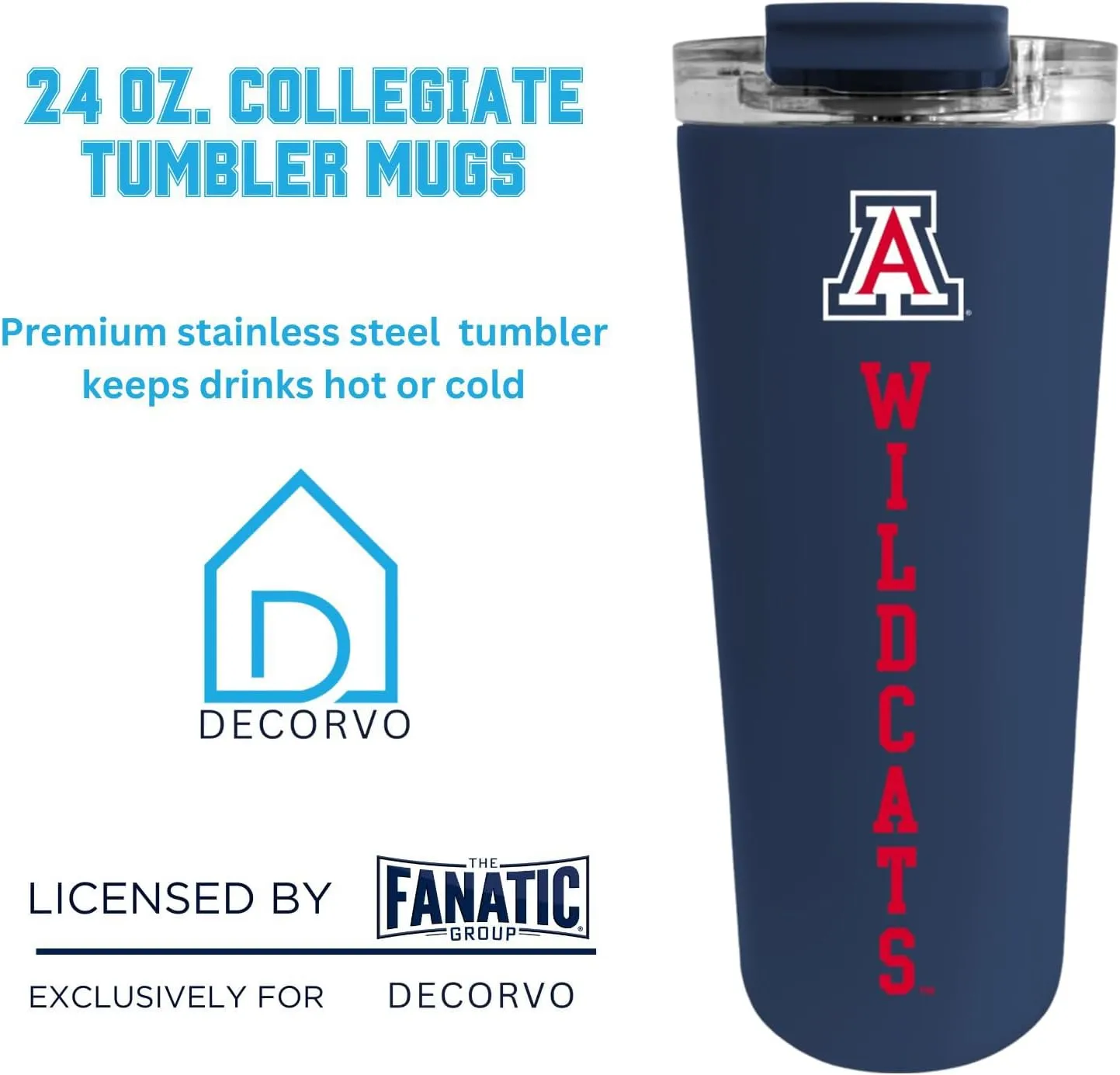Officially Licensed Collegiate Stainless Steel Tumbler - Double Walled Insulated Travel Thermos - 24 oz (Arizona Navy)