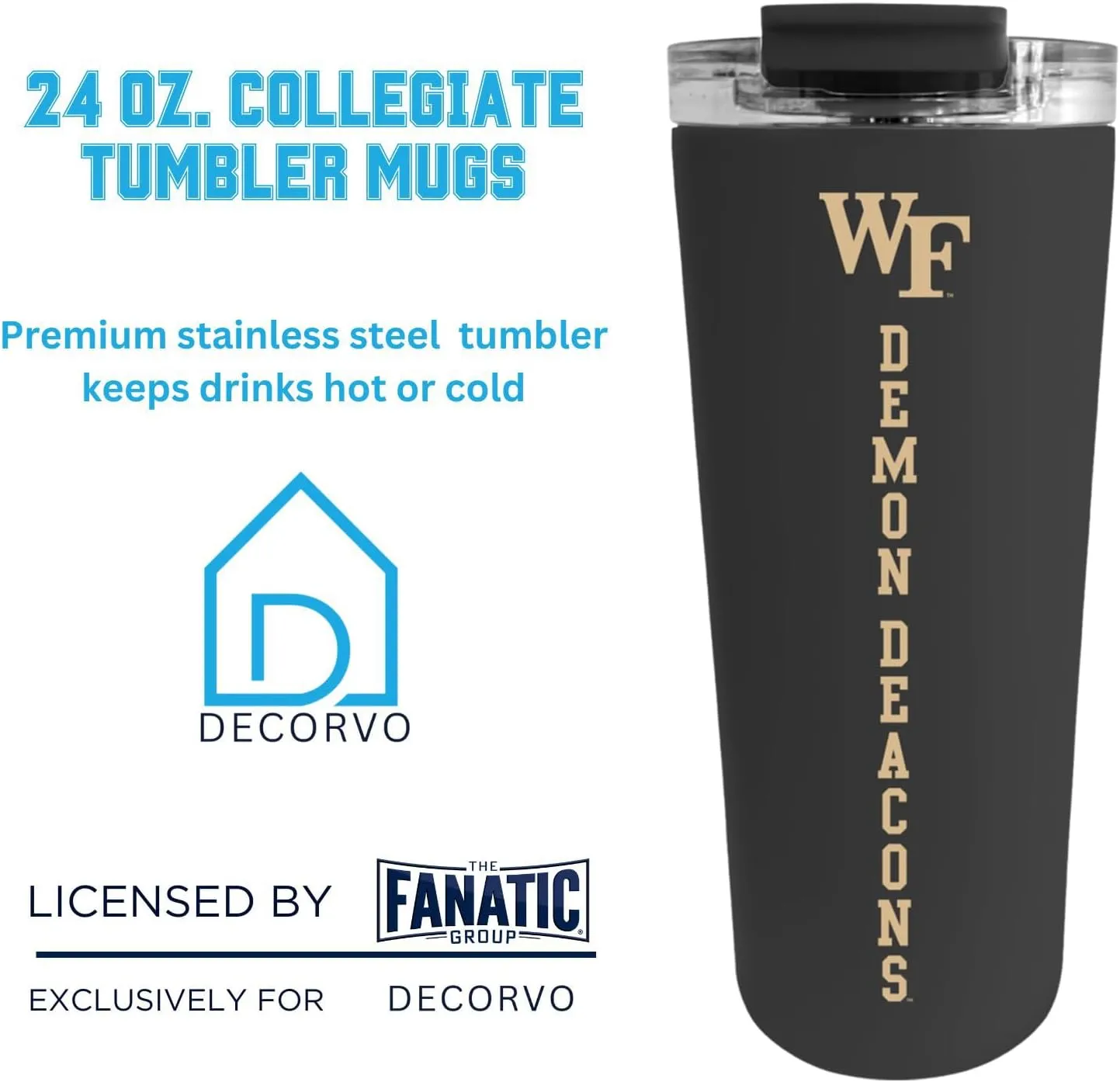 Officially Licensed Collegiate Stainless Steel Tumbler - Double Walled Insulated Travel Thermos - 24 oz (Wake Forest Logo Black)