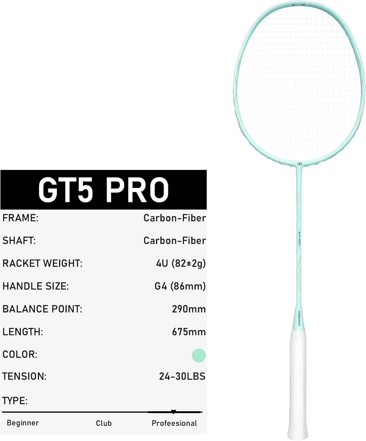 OGEENIER Professional 4U Carbon Fiber Badminton Racket - 30LBS - Includes Badminton Grip and Bag, Lightweight Badminton Racquet for Gym