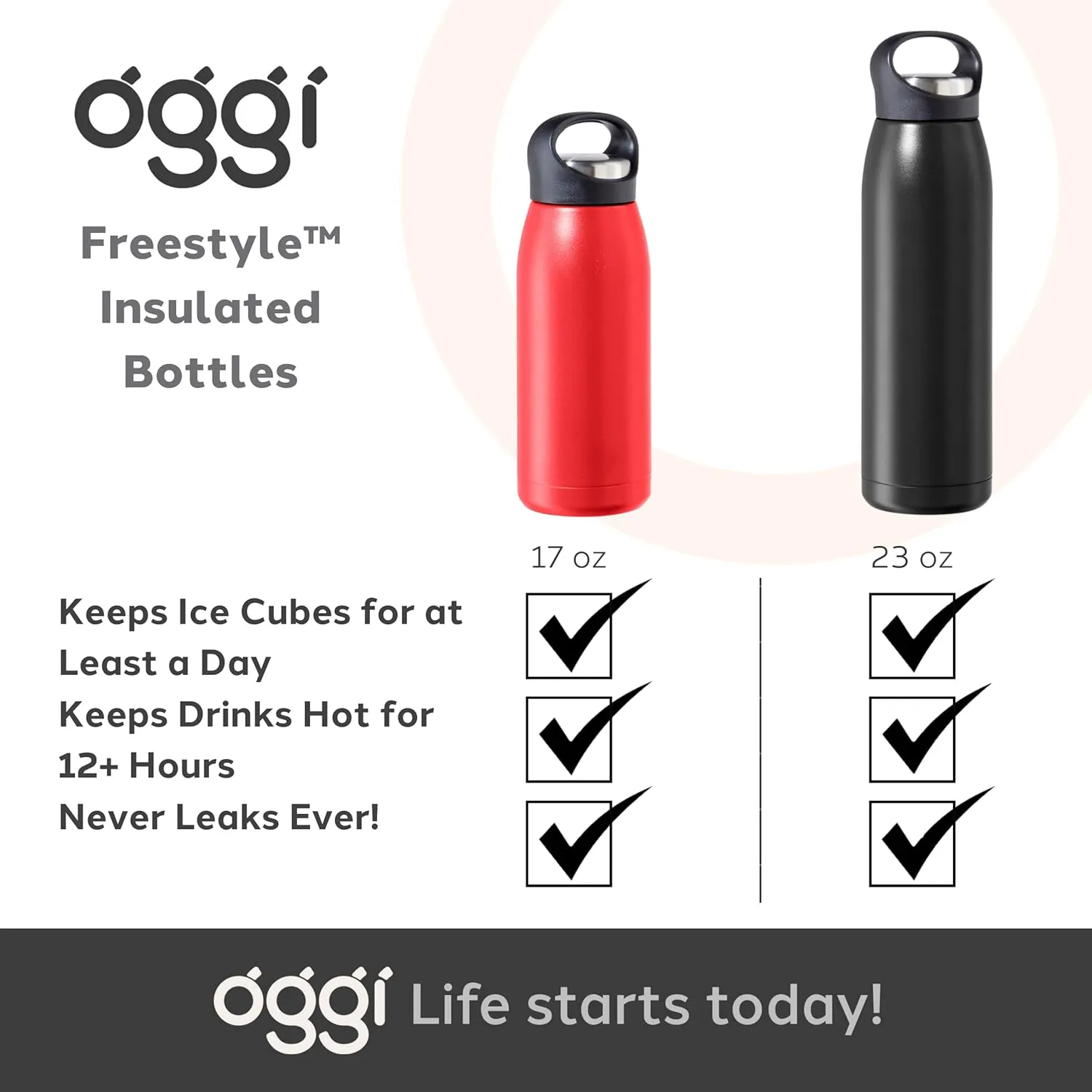OGGI Freestyle Stainless Steel Insulated Water Bottle- Double Wall Vacuum Insulated, Travel Thermos, 23oz(680ml), Green
