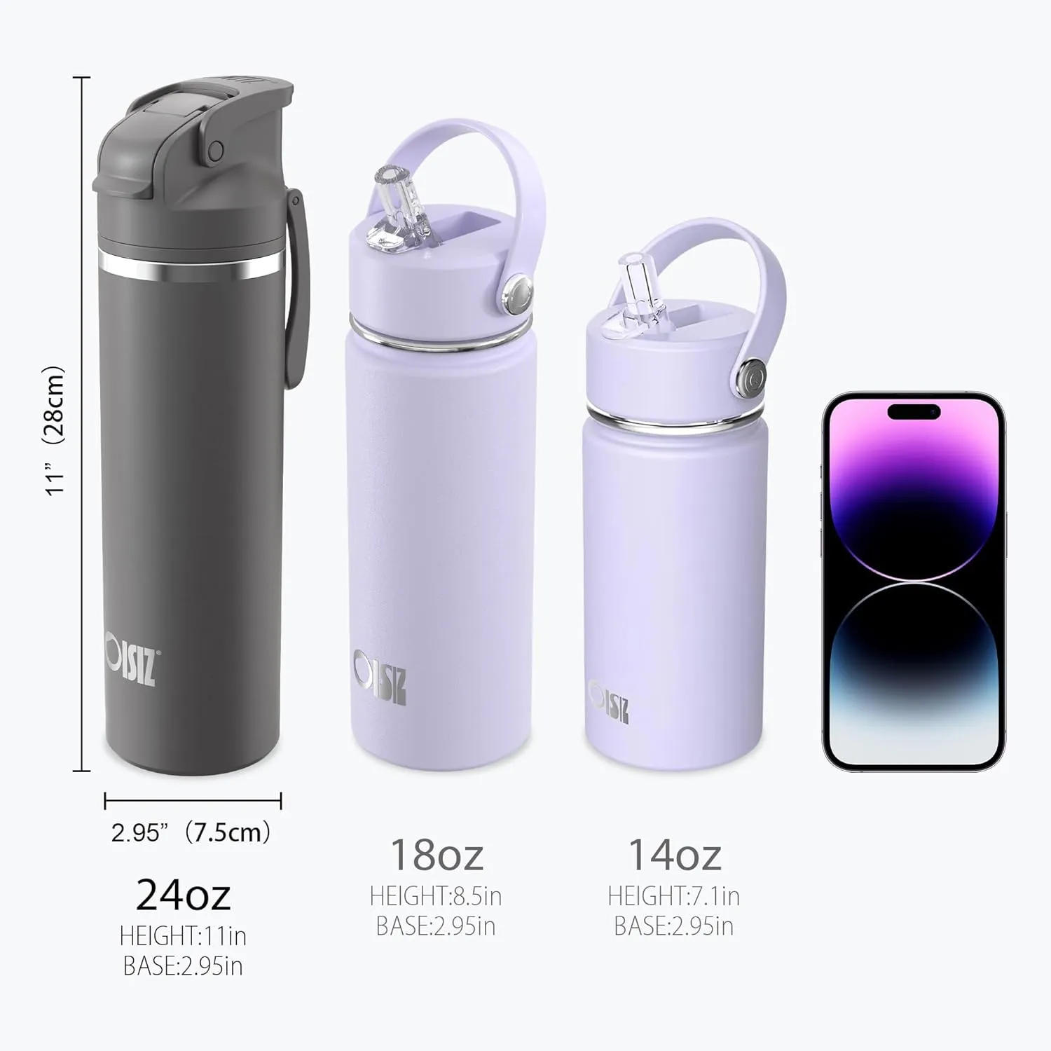 OISIZ Insulated Water Bottle 24 oz with 2-in-1 Straw and Swig Lid, Leakproof and BPA Free, Keep Cold 24H, Vacuum Stainless Steel Water Bottle for School, Travel and Sports, All Dishwasher Safe