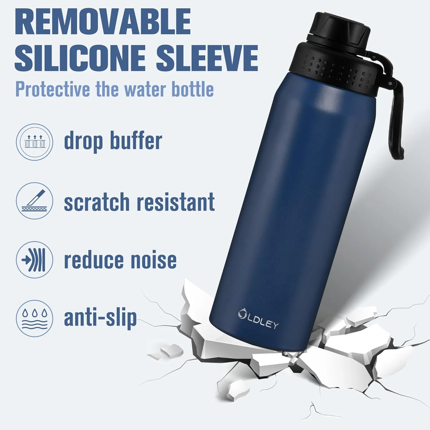 OLDLEY 24 oz Insulated Water Bottle With Straw, Stainless Steel Sports Water Cup Flask with 3 Lids(Straw, Spout and Handle Lid) Double Walled Travel Thermal Canteen Mug,Navy Blue