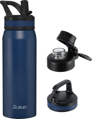 OLDLEY 24 oz Insulated Water Bottle With Straw, Stainless Steel Sports Water Cup Flask with 3 Lids(Straw, Spout and Handle Lid) Double Walled Travel Thermal Canteen Mug,Navy Blue