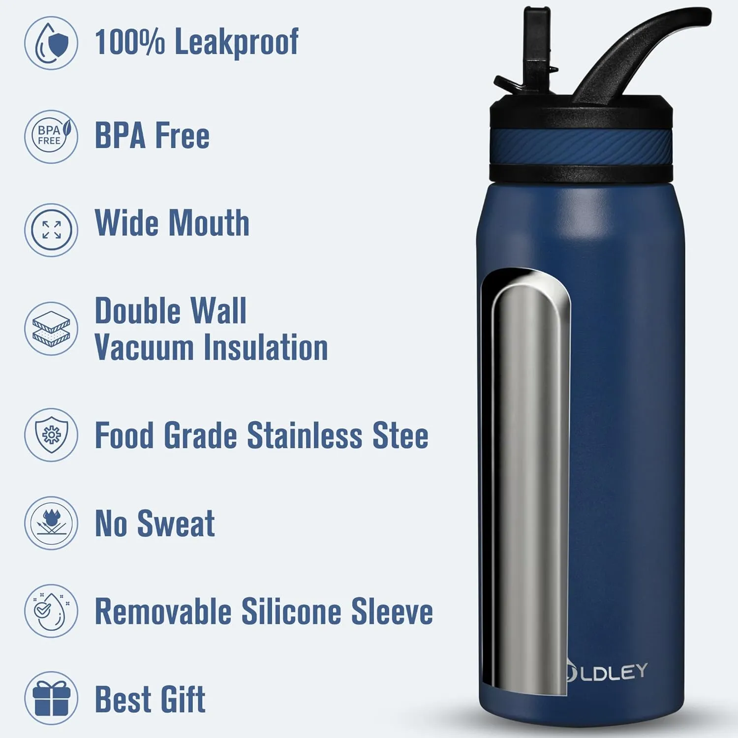 OLDLEY 24 oz Insulated Water Bottle With Straw, Stainless Steel Sports Water Cup Flask with 3 Lids(Straw, Spout and Handle Lid) Double Walled Travel Thermal Canteen Mug,Navy Blue