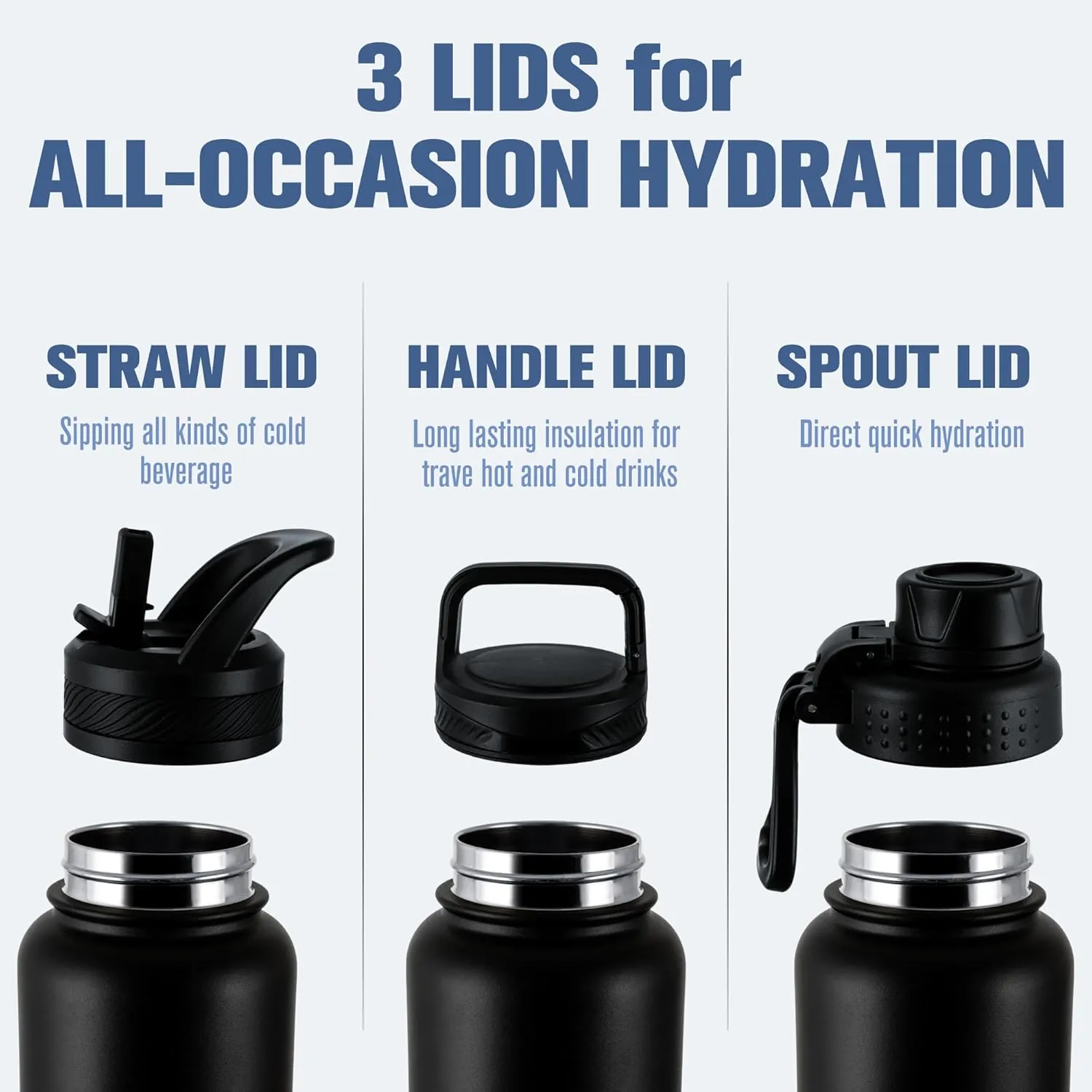 OLDLEY 24 oz Insulated Water Bottle With Straw, Stainless Steel Sports Water Cup Flask with 3 Lids(Straw, Spout and Handle Lid) Double Walled Travel Thermal Canteen Mug,Navy Blue