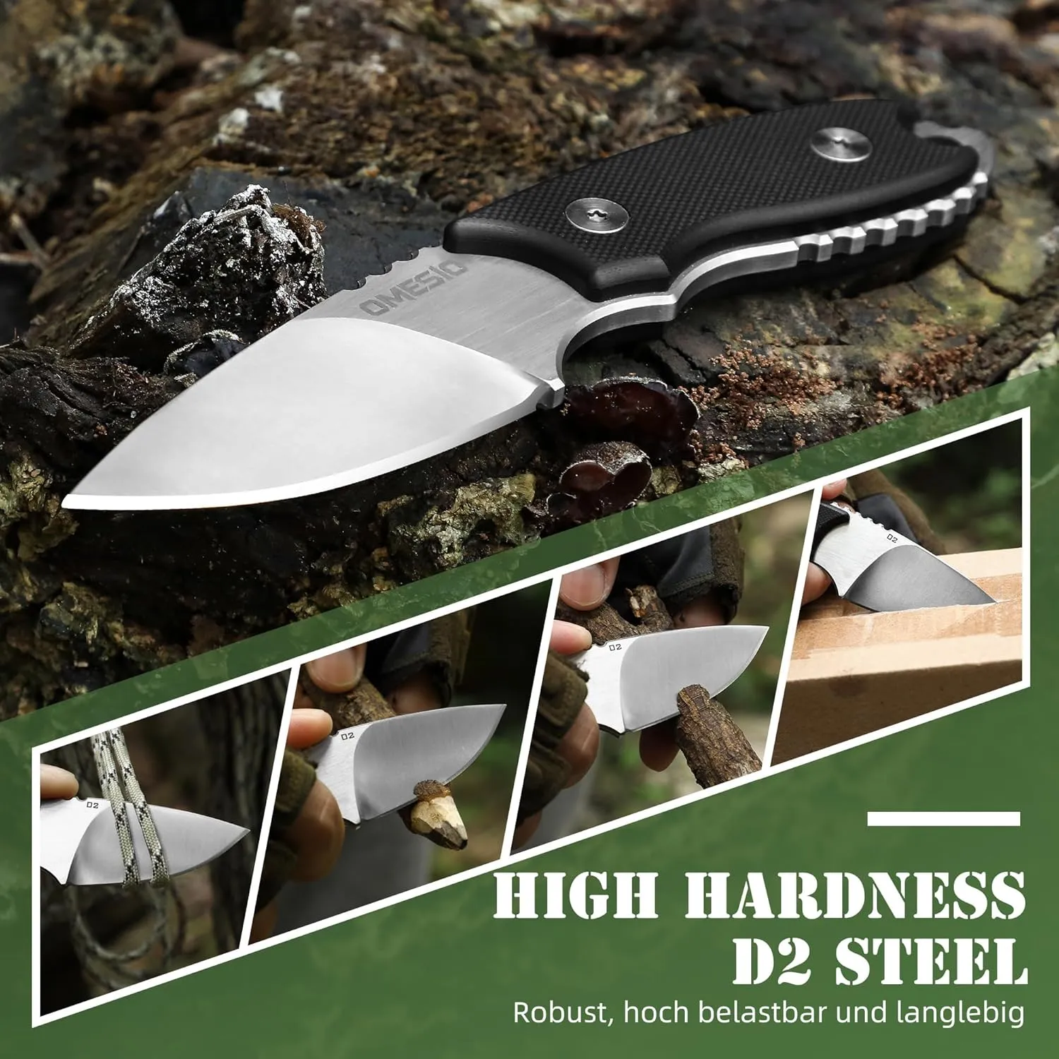 Omesio Neck Knife, 5.43" Neck Knife with Sheath and Necklace, Full Tang Small Fixed Blad Knife D2 Steel 2.17-Inch Blade G10 Handle for Outdoor, Survival, Camping, Tactical