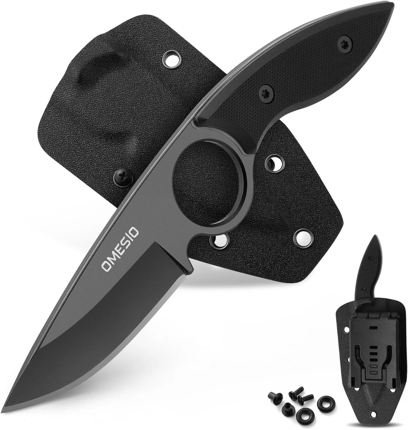 Omesio Small Fixed Blade Knife, Tactical Hunting Camping Knife with Kydex Sheath, Full Tang Stainless Steel Compact EDC Neck Knife G10 Handle with Gift Box for Men (Black)