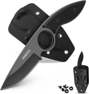 Omesio Small Fixed Blade Knife, Tactical Hunting Camping Knife with Kydex Sheath, Full Tang Stainless Steel Compact EDC Neck Knife G10 Handle with Gift Box for Men (Black)