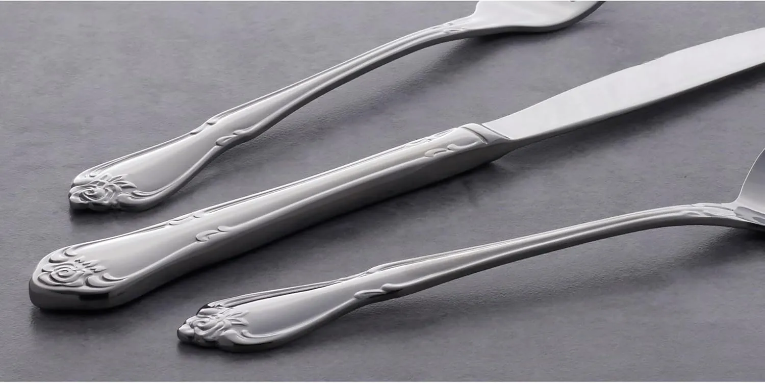 Oneida True Rose 45 Piece Everyday Flatware, Service for 8, 18/0 Stainless Steel, Silverware Set, Silver