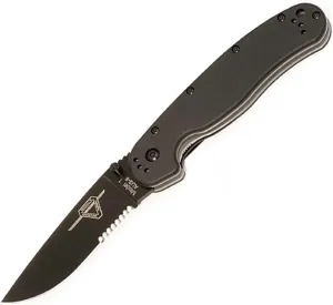 Ontario Knife Co. 8847 Rat-1 Black Coated AUS-8 Stainless Steel 3.6 in Serrated Edge Blade Nylon Handle 4-Position Reversible Clip Folding Knife for Outdoor, Tactical, Survival & EDC (Black)