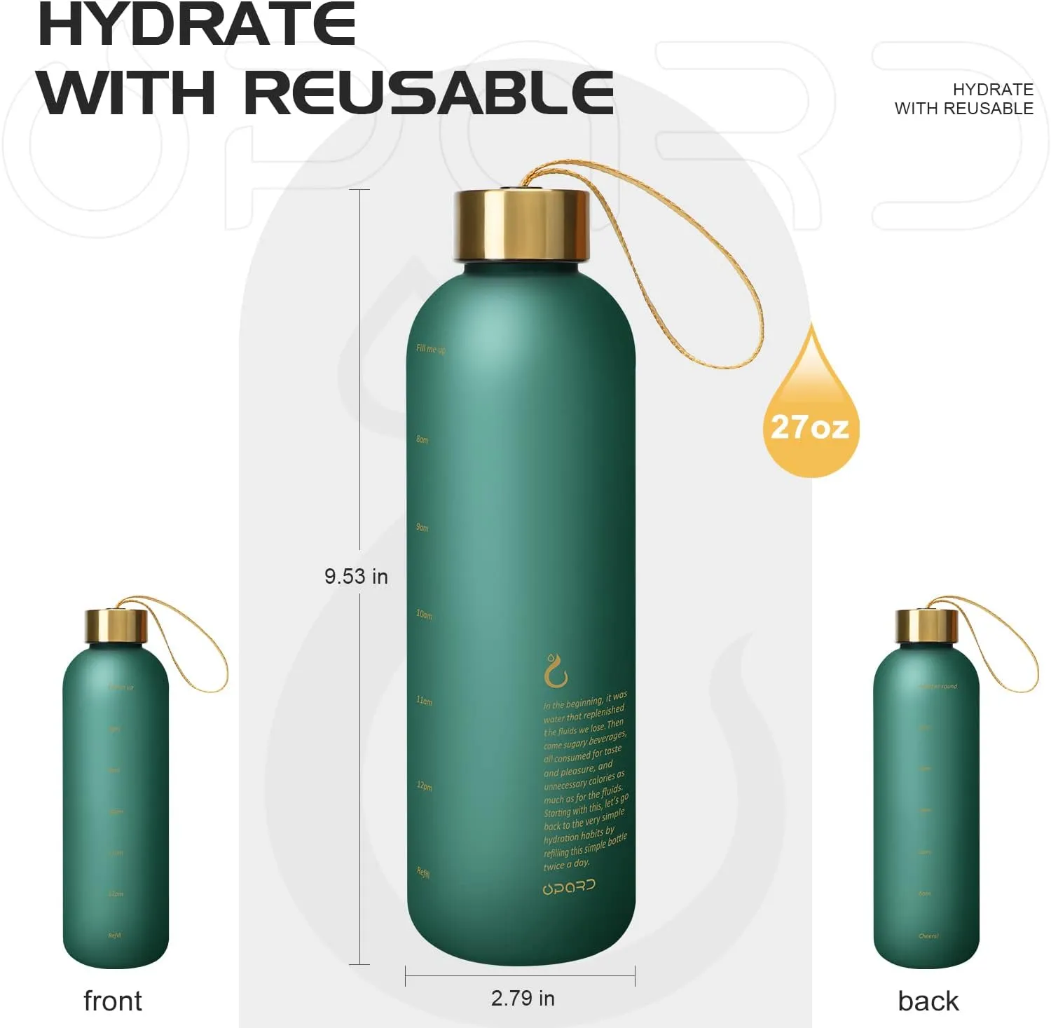 Opard 27oz/32oz Motivational Water Bottle with Time Marker to Drink, Reusable Plastic Bottle with BPA Free Tritan for Gym and Sports