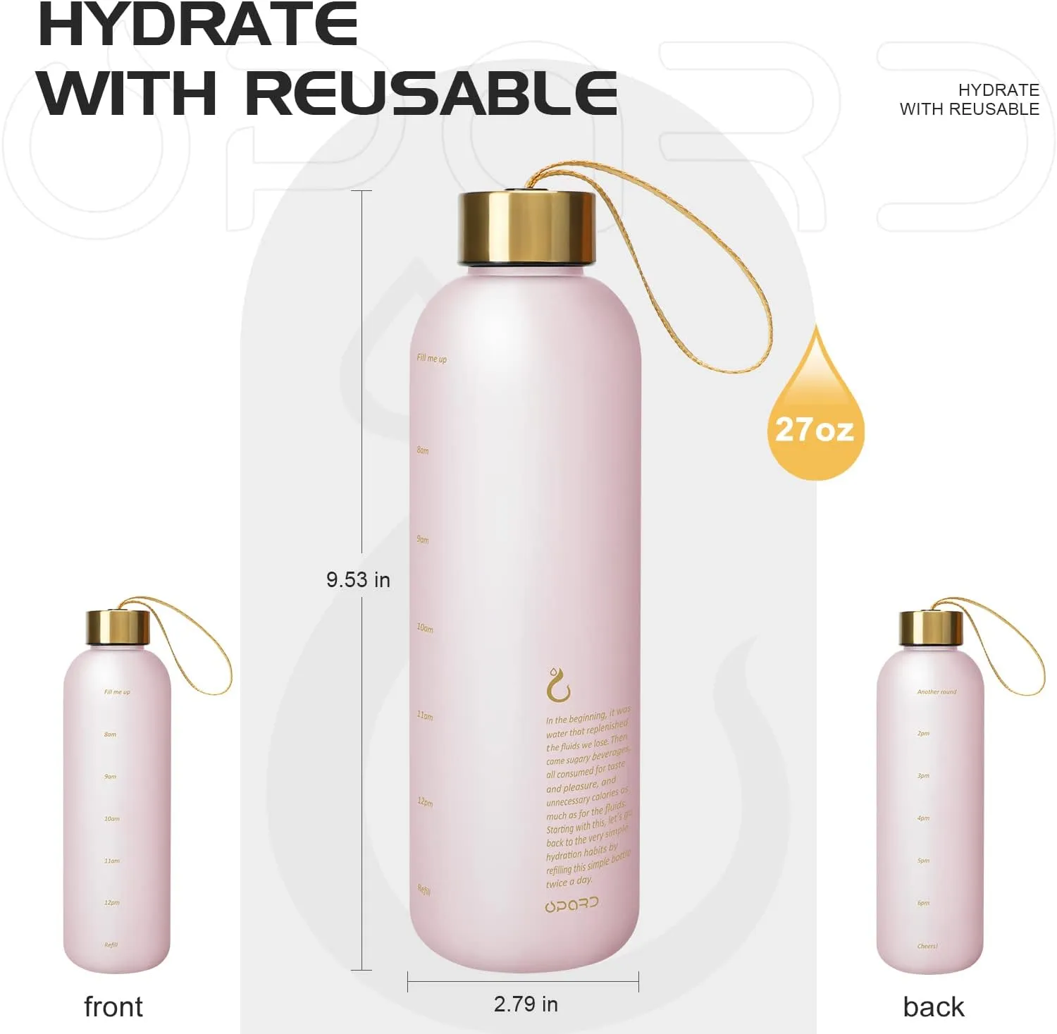 Opard 27oz/32oz Motivational Water Bottle with Time Marker to Drink, Reusable Plastic Bottle with BPA Free Tritan for Gym and Sports